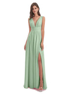 Simple A-Line V Neck Sleeveless Chiffon Pleated Floor-Length Bridesmaid Dress