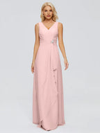 Simple A-Line V Neck Sleeveless Chiffon Pleated Floor-Length Bridesmaid Dress