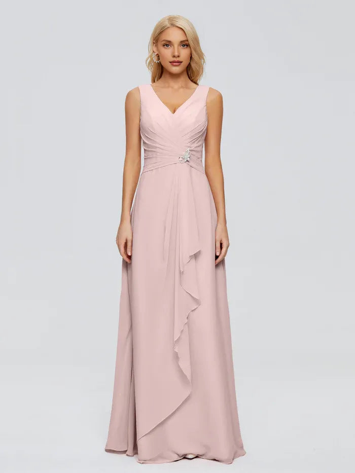 Simple A-Line V Neck Sleeveless Chiffon Pleated Floor-Length Bridesmaid Dress