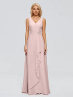 Simple A-Line V Neck Sleeveless Chiffon Pleated Floor-Length Bridesmaid Dress