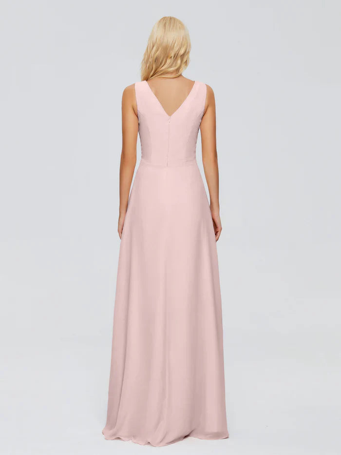 Simple A-Line V Neck Sleeveless Chiffon Pleated Floor-Length Bridesmaid Dress