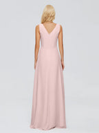 Simple A-Line V Neck Sleeveless Chiffon Pleated Floor-Length Bridesmaid Dress