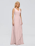 Simple A-Line V Neck Sleeveless Chiffon Pleated Floor-Length Bridesmaid Dress