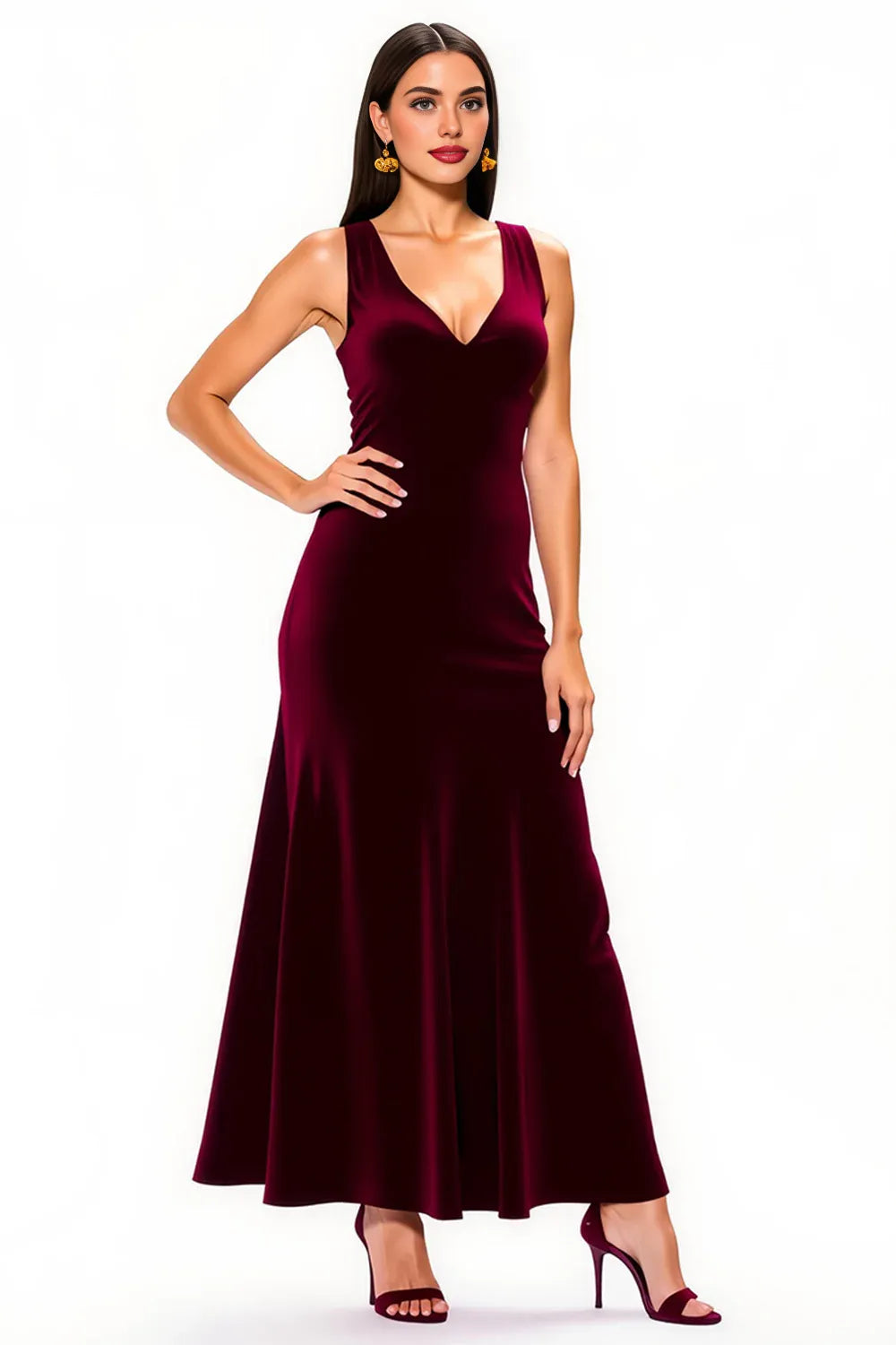 A-Line V Neck Sleeveless Floor-Length Prom Dress