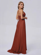 Simple A-line Spaghetti Straps Sleeveless Chiffon Pleated Floor-Length Bridesmaid Dress