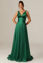 A-line V-Neck Sleeveless Pleated Backless Floor Length Prom Dress