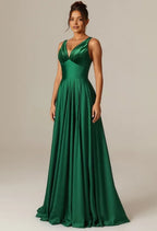 A-line V-Neck Sleeveless Pleated Backless Floor Length Prom Dress