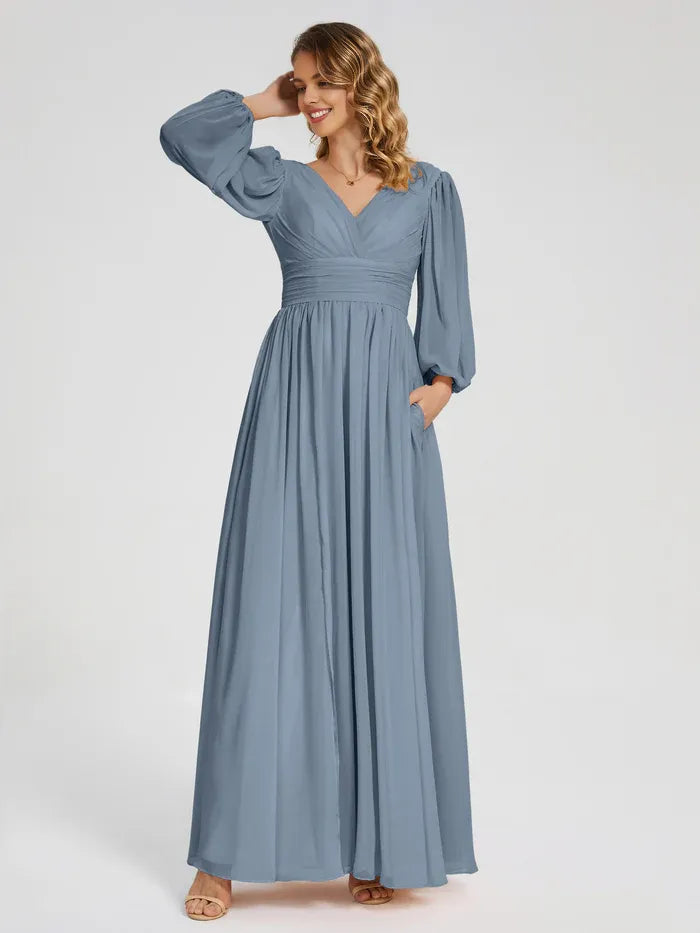 Simple A-line V-neck Long Sleeves Chiffon Pleated Floor-Length Bridesmaid Dress