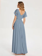 Simple A-line V-neck Short Sleeves Chiffon Pleated Floor Length Bridesmaid Dress