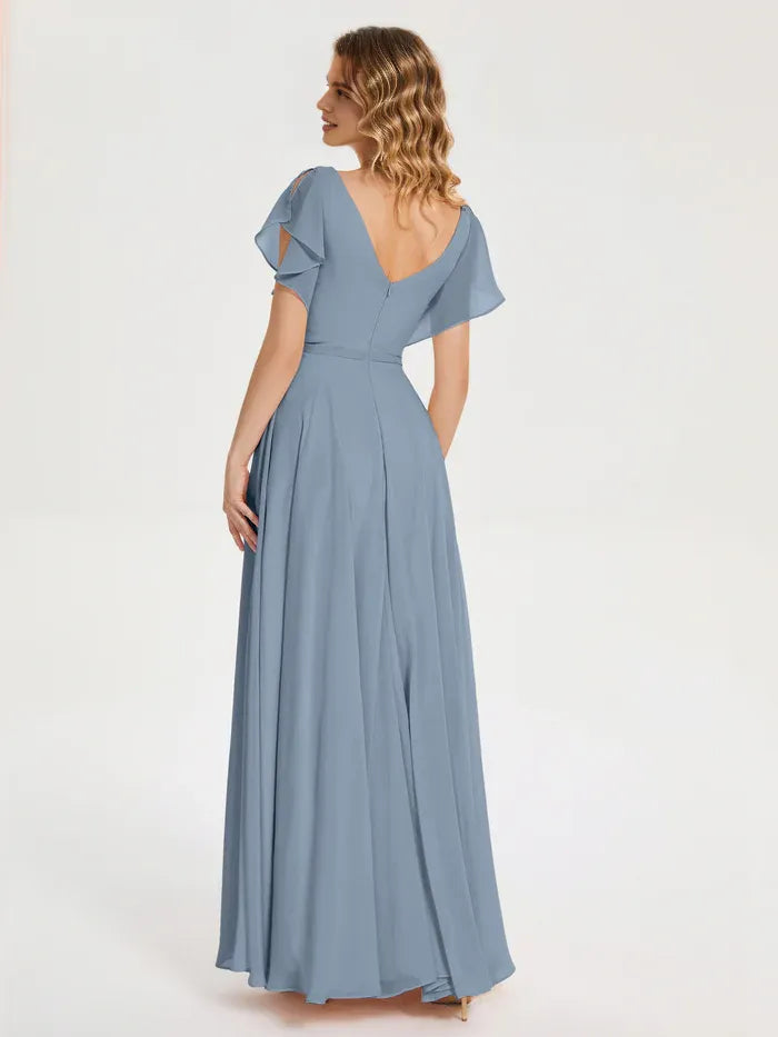 Simple A-line V-neck Short Sleeves Chiffon Pleated Floor Length Bridesmaid Dress