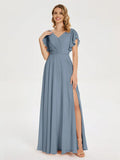 Simple A-line V-neck Short Sleeves Chiffon Pleated Floor Length Bridesmaid Dress