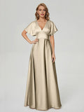 Simple A-line V-neck Short Sleeves Satin Pleated Floor-Length Bridesmaid Dress