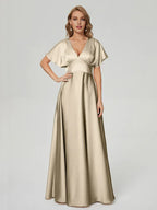 Simple A-line V-neck Short Sleeves Satin Pleated Floor-Length Bridesmaid Dress