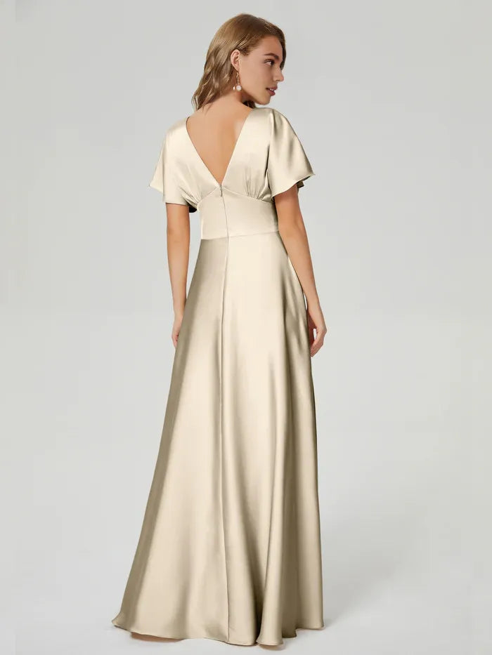Simple A-line V-neck Short Sleeves Satin Pleated Floor-Length Bridesmaid Dress