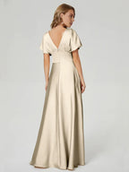 Simple A-line V-neck Short Sleeves Satin Pleated Floor-Length Bridesmaid Dress