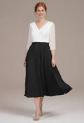 A-line V Neck 3/4 Sleeves Pleated Tea Length Mother of the Bride Dress