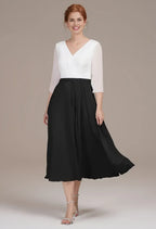 A-line V Neck 3/4 Sleeves Pleated Tea Length Mother of the Bride Dress