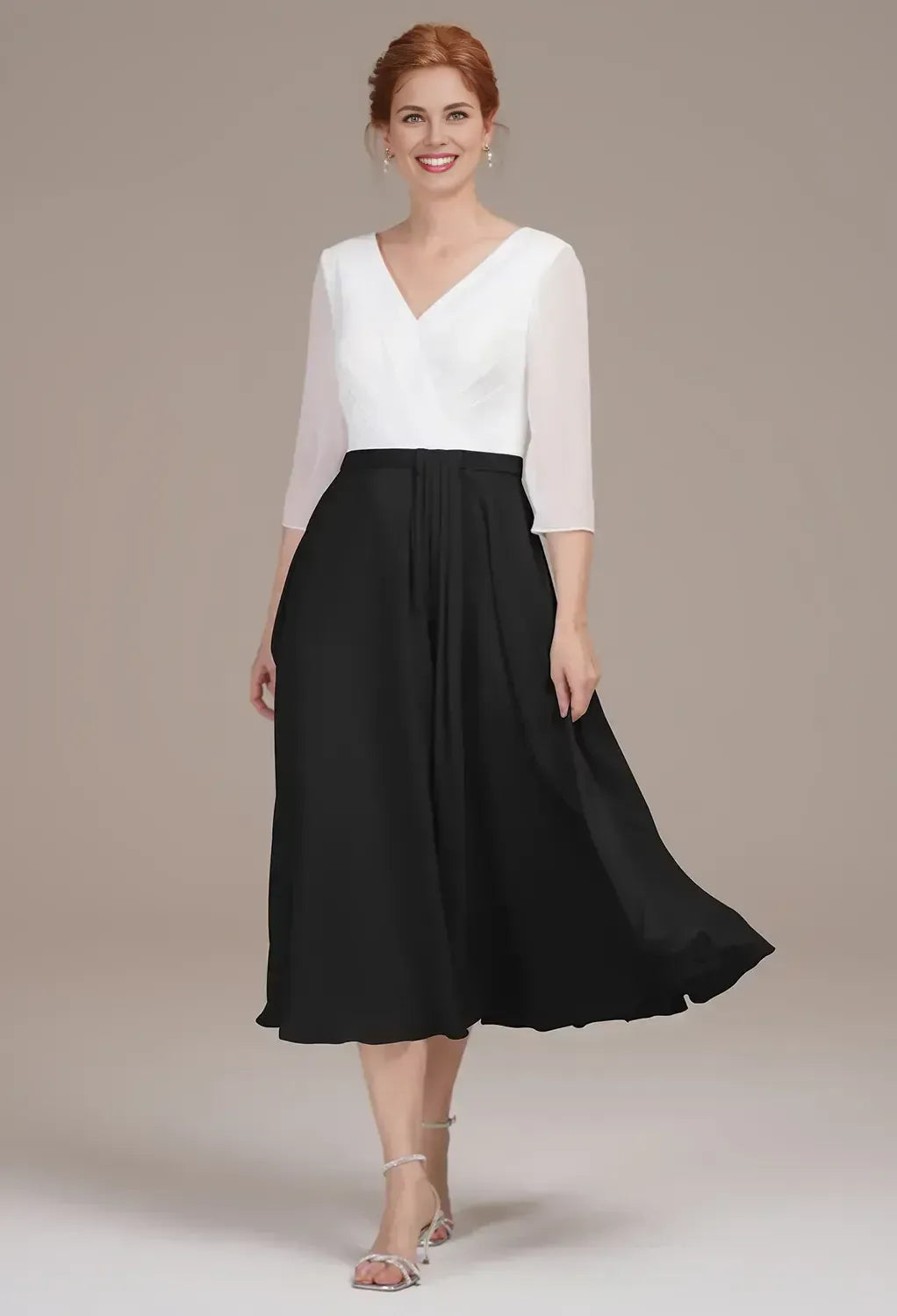 A-line V Neck 3/4 Sleeves Pleated Tea Length Mother of the Bride Dress