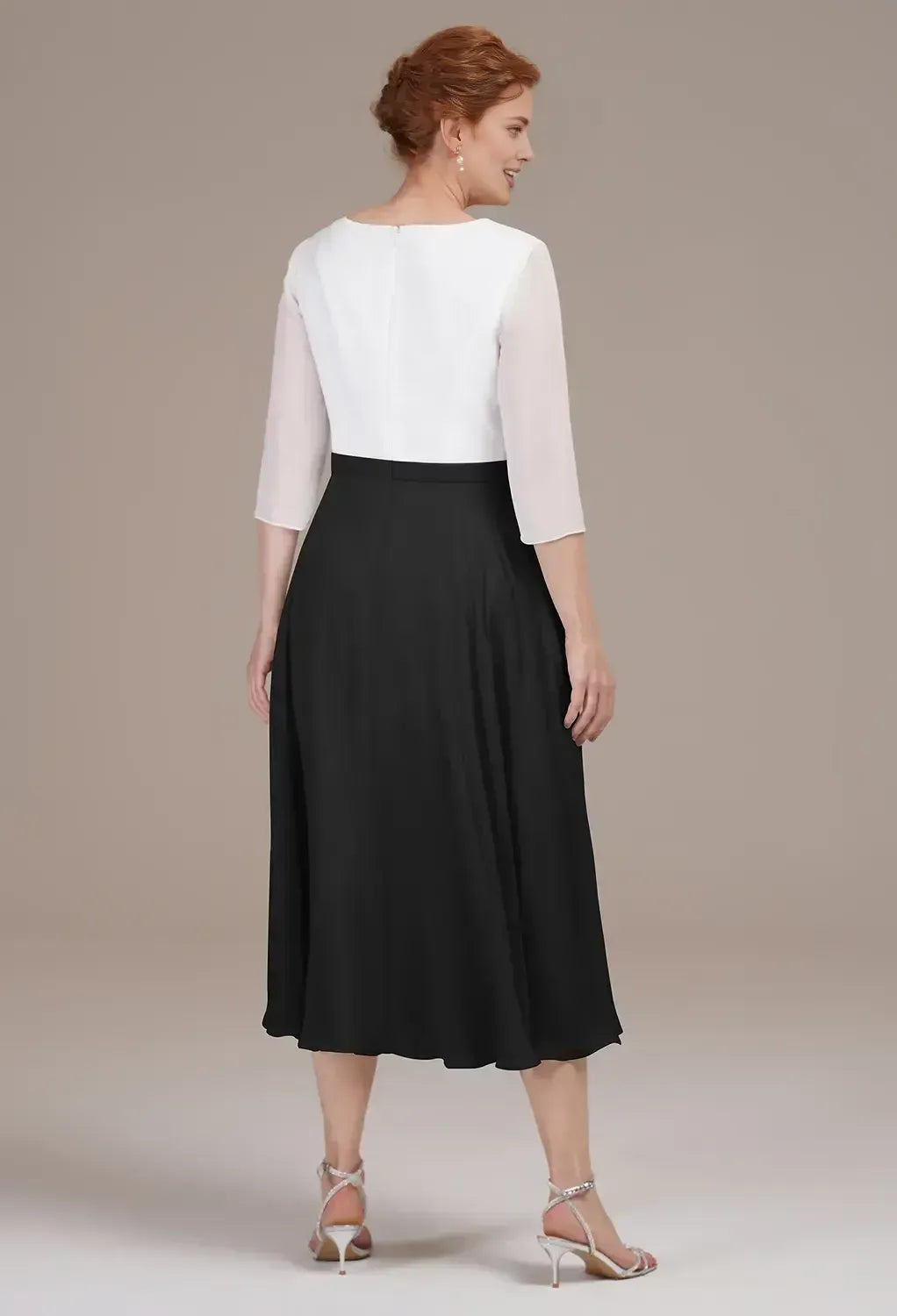 A-line V Neck 3/4 Sleeves Pleated Tea Length Mother of the Bride Dress