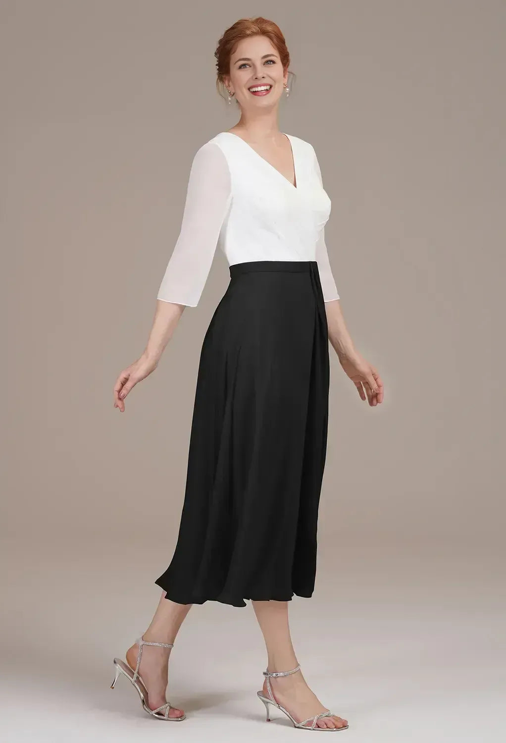 A-line V Neck 3/4 Sleeves Pleated Tea Length Mother of the Bride Dress