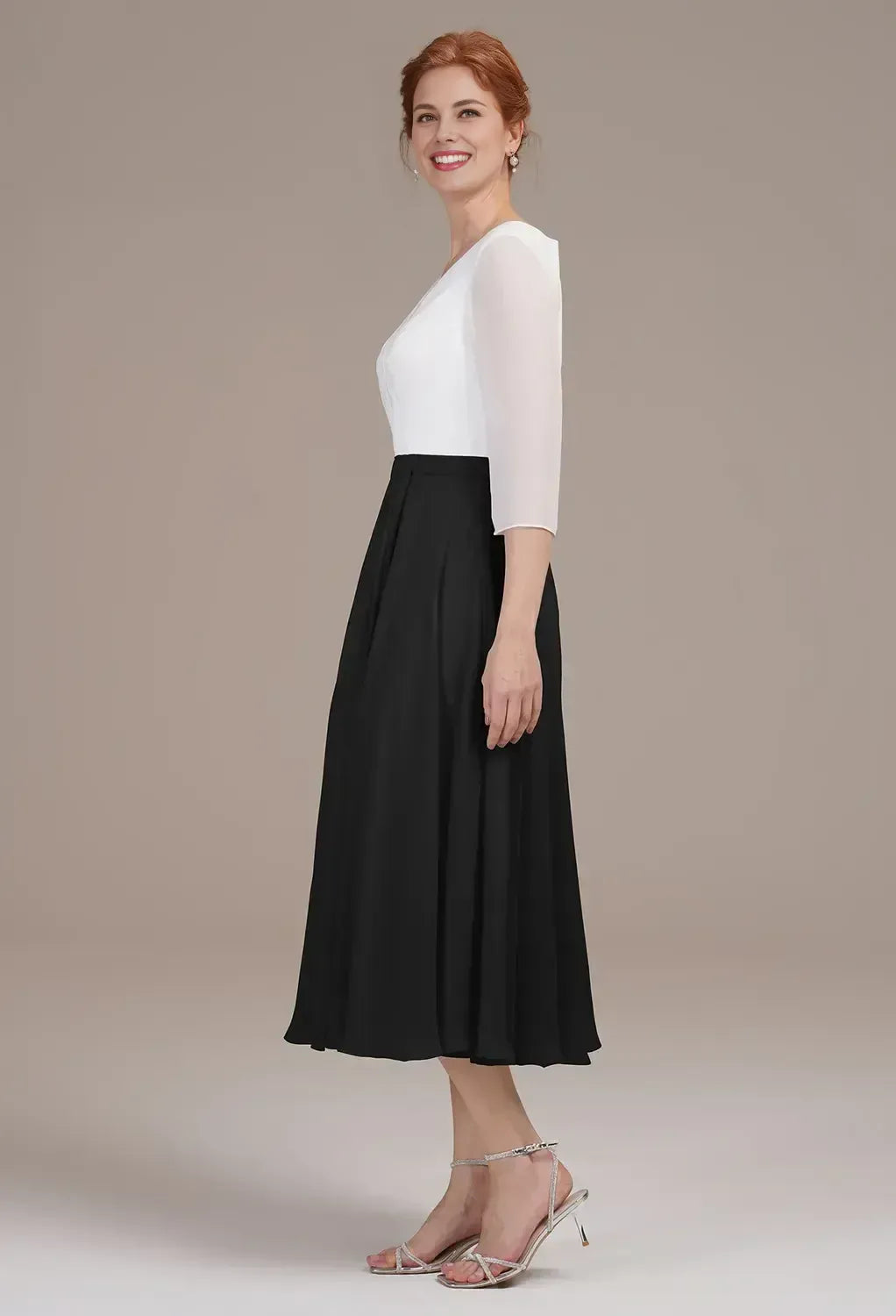 A-line V Neck 3/4 Sleeves Pleated Tea Length Mother of the Bride Dress