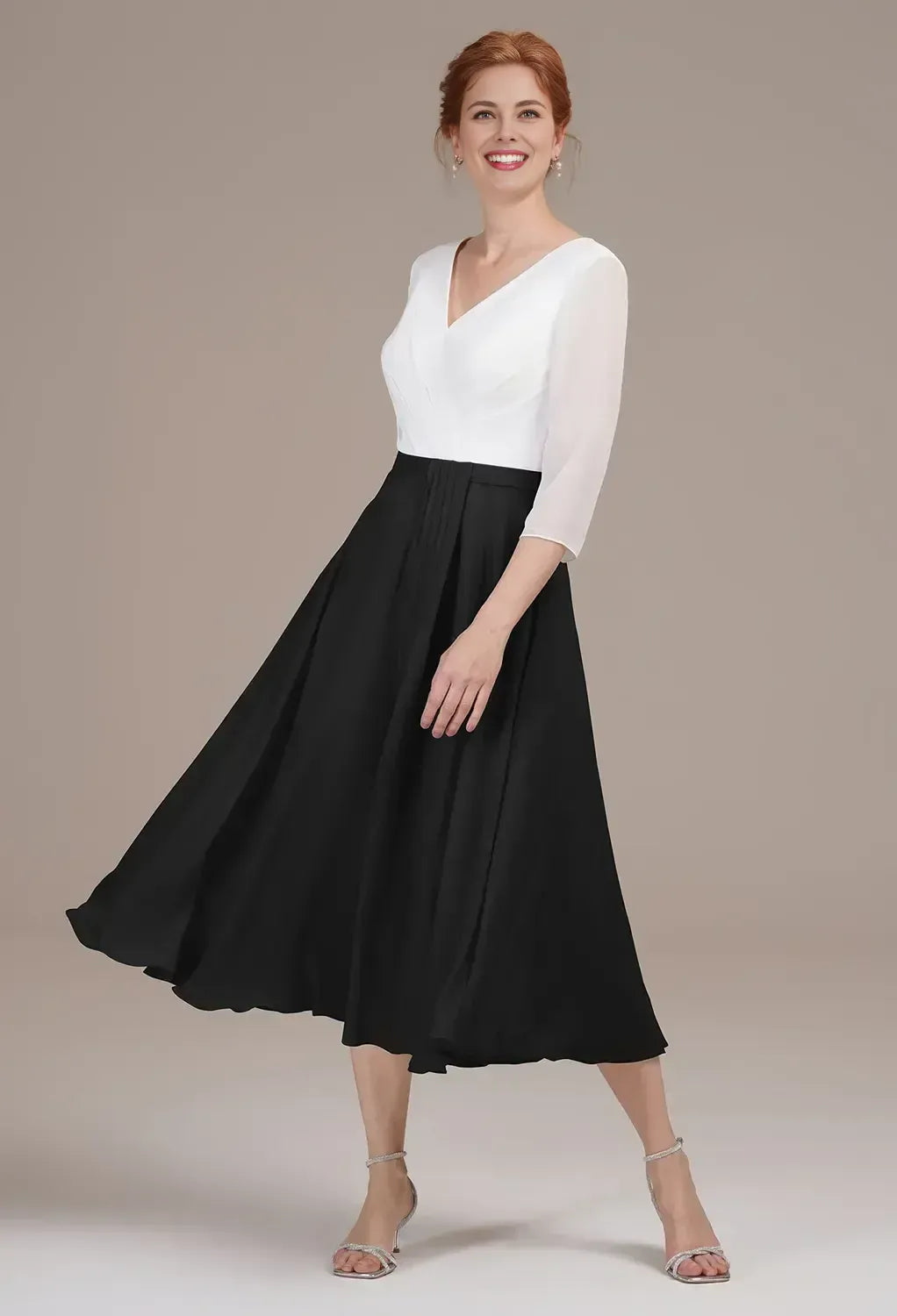 A-line V Neck 3/4 Sleeves Pleated Tea Length Mother of the Bride Dress