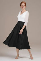 A-line V Neck 3/4 Sleeves Pleated Tea Length Mother of the Bride Dress
