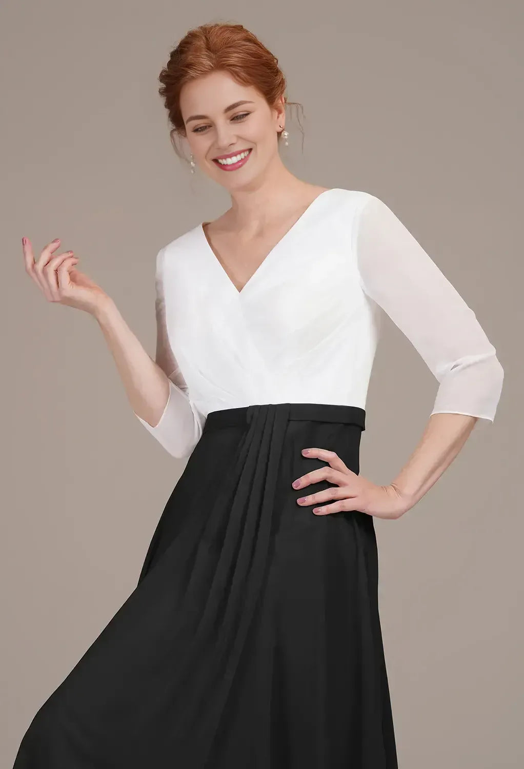 A-line V Neck 3/4 Sleeves Pleated Tea Length Mother of the Bride Dress