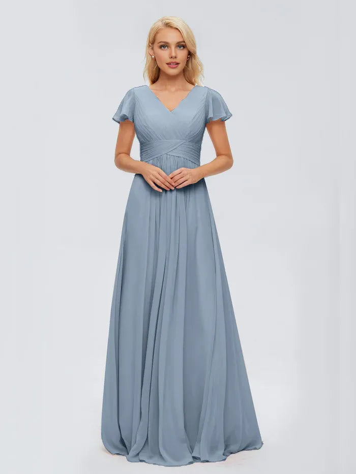 Simple A-line V Neck Cap Sleeves Chiffon Ruffles Floor-Length Bridesmaid Dress