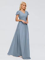 Simple A-line V Neck Cap Sleeves Chiffon Ruffles Floor-Length Bridesmaid Dress