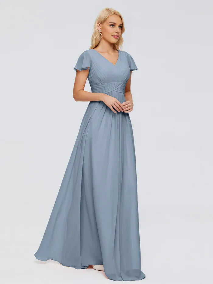 Simple A-line V Neck Cap Sleeves Chiffon Ruffles Floor-Length Bridesmaid Dress