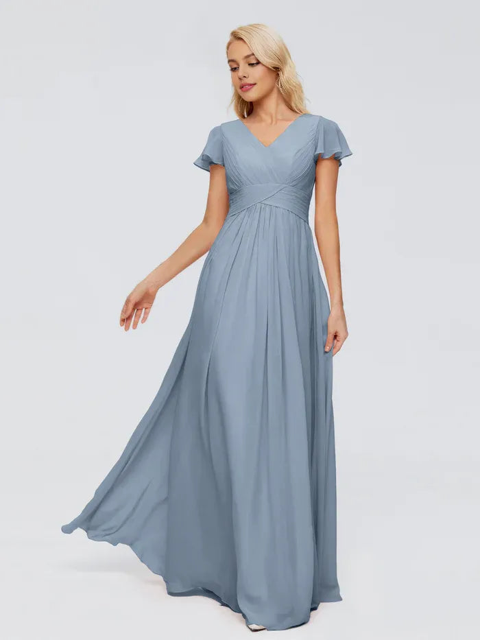 Simple A-line V Neck Cap Sleeves Chiffon Ruffles Floor-Length Bridesmaid Dress