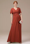 A-line V Neck Short Sleeves Backless Floor Length Mother of the Bride Dress