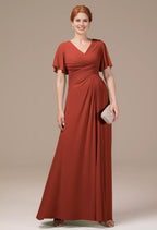 A-line V Neck Short Sleeves Backless Floor Length Mother of the Bride Dress
