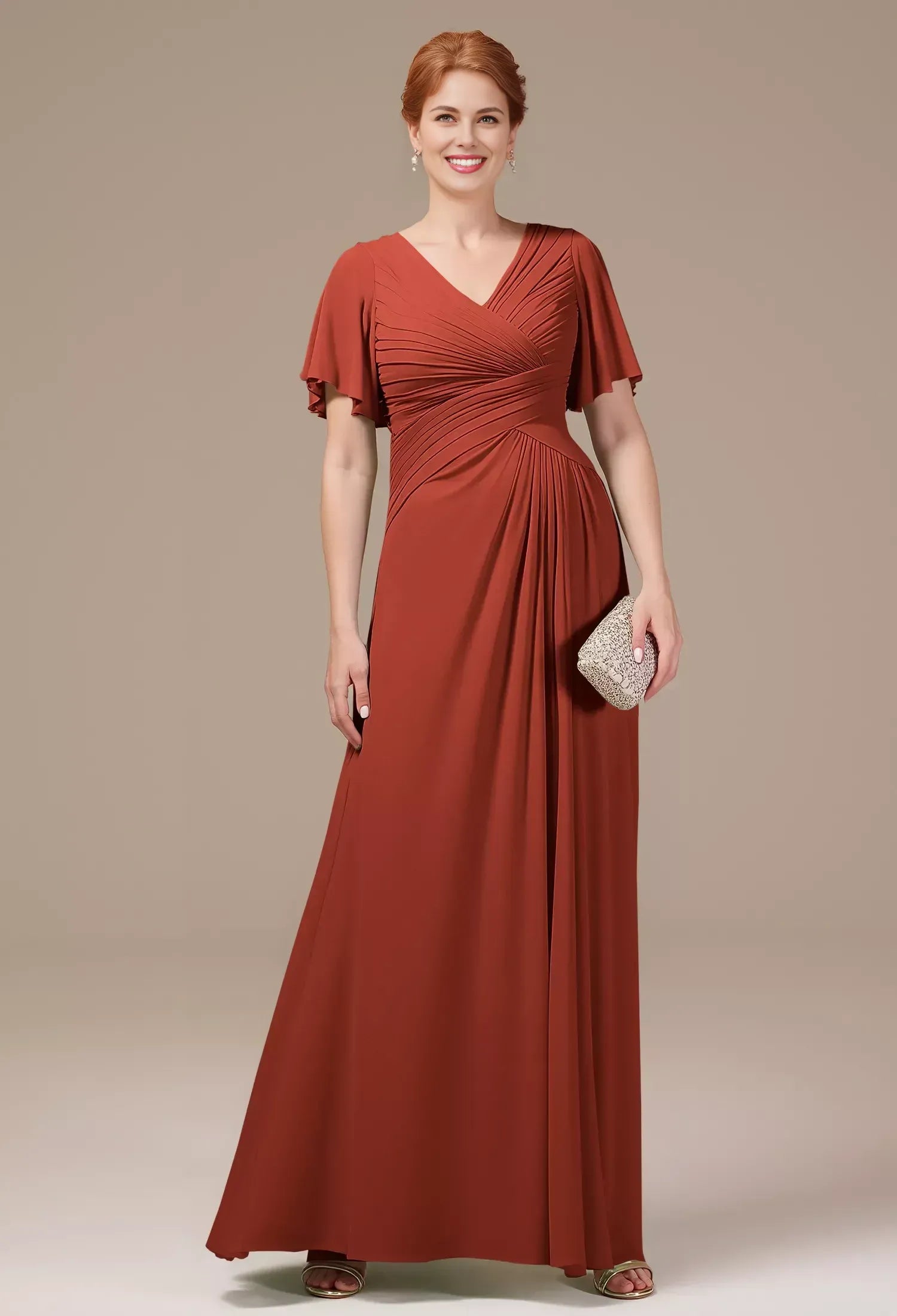 A-line V Neck Short Sleeves Backless Floor Length Mother of the Bride Dress