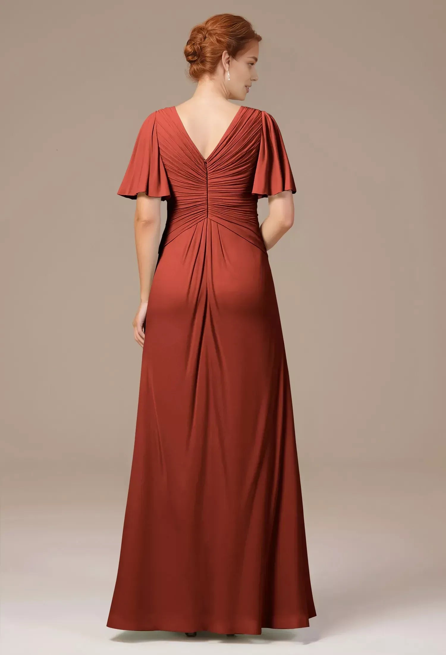 A-line V Neck Short Sleeves Backless Floor Length Mother of the Bride Dress