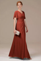 A-line V Neck Short Sleeves Backless Floor Length Mother of the Bride Dress