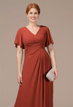 A-line V Neck Short Sleeves Backless Floor Length Mother of the Bride Dress