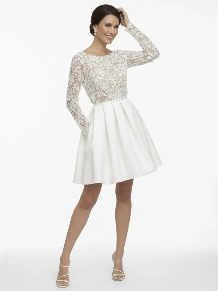 A Line Bateau Neck Long Sleeve Appliques Short-Mini Wedding Dress
