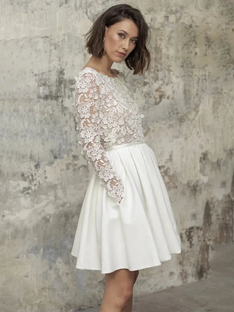 A Line Bateau Neck Long Sleeve Appliques Short-Mini Wedding Dress