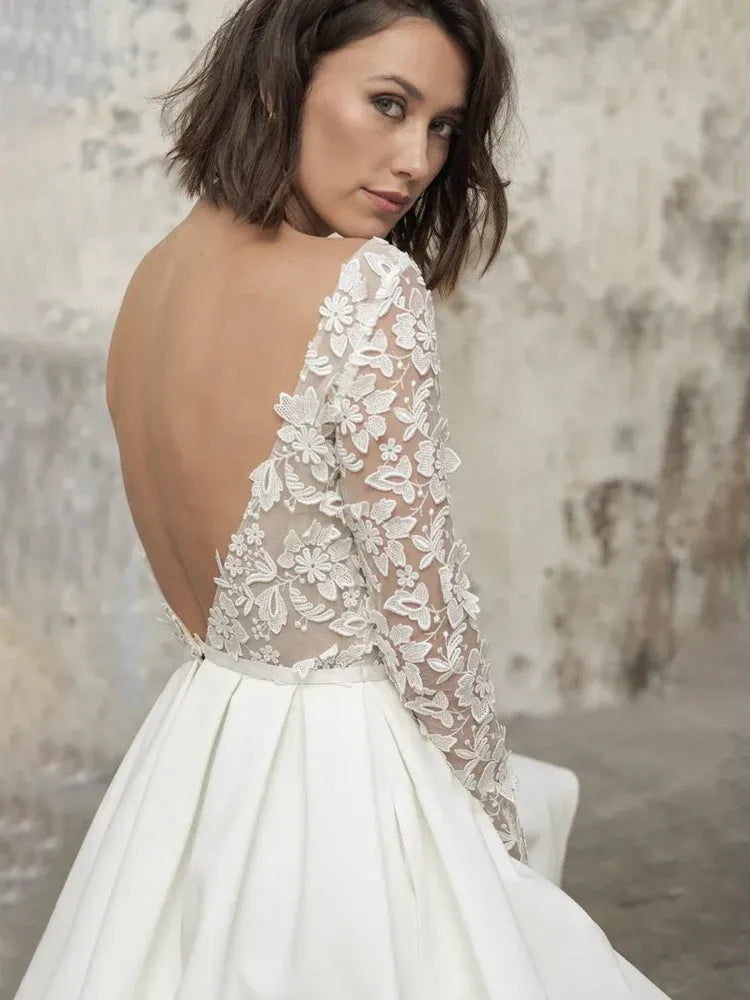 A Line Bateau Neck Long Sleeve Appliques Short-Mini Wedding Dress