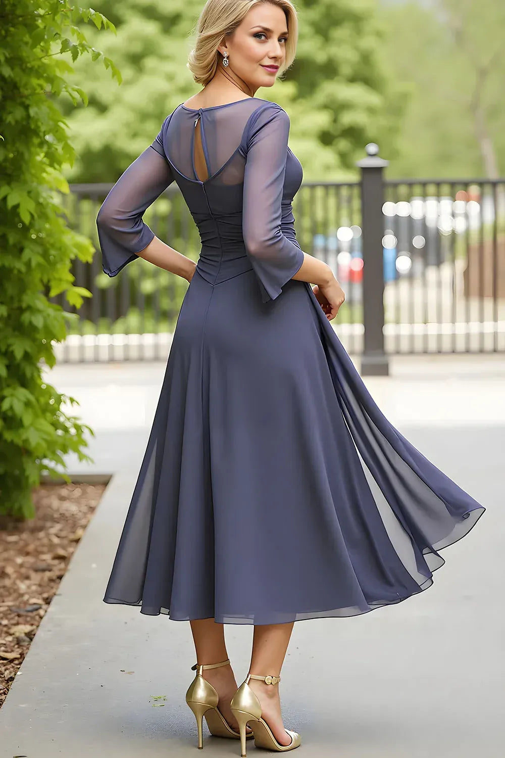 A Line Boat Neck Long Sleeve Ruched Tea-Length Mother of the Bride Dress