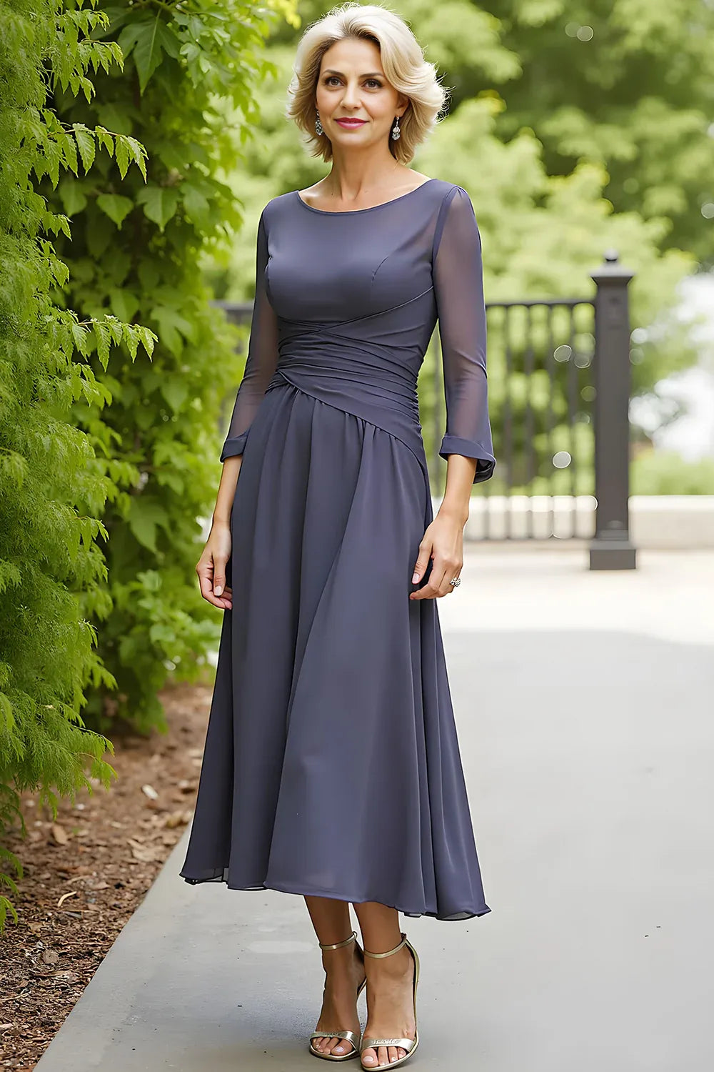 A Line Boat Neck Long Sleeve Keyhole Tea-Length Mother of the Bride Dress