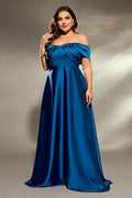 A Line Off the Shoulder Pleated Sweep Train Plus Size Mother of the Bride Dress