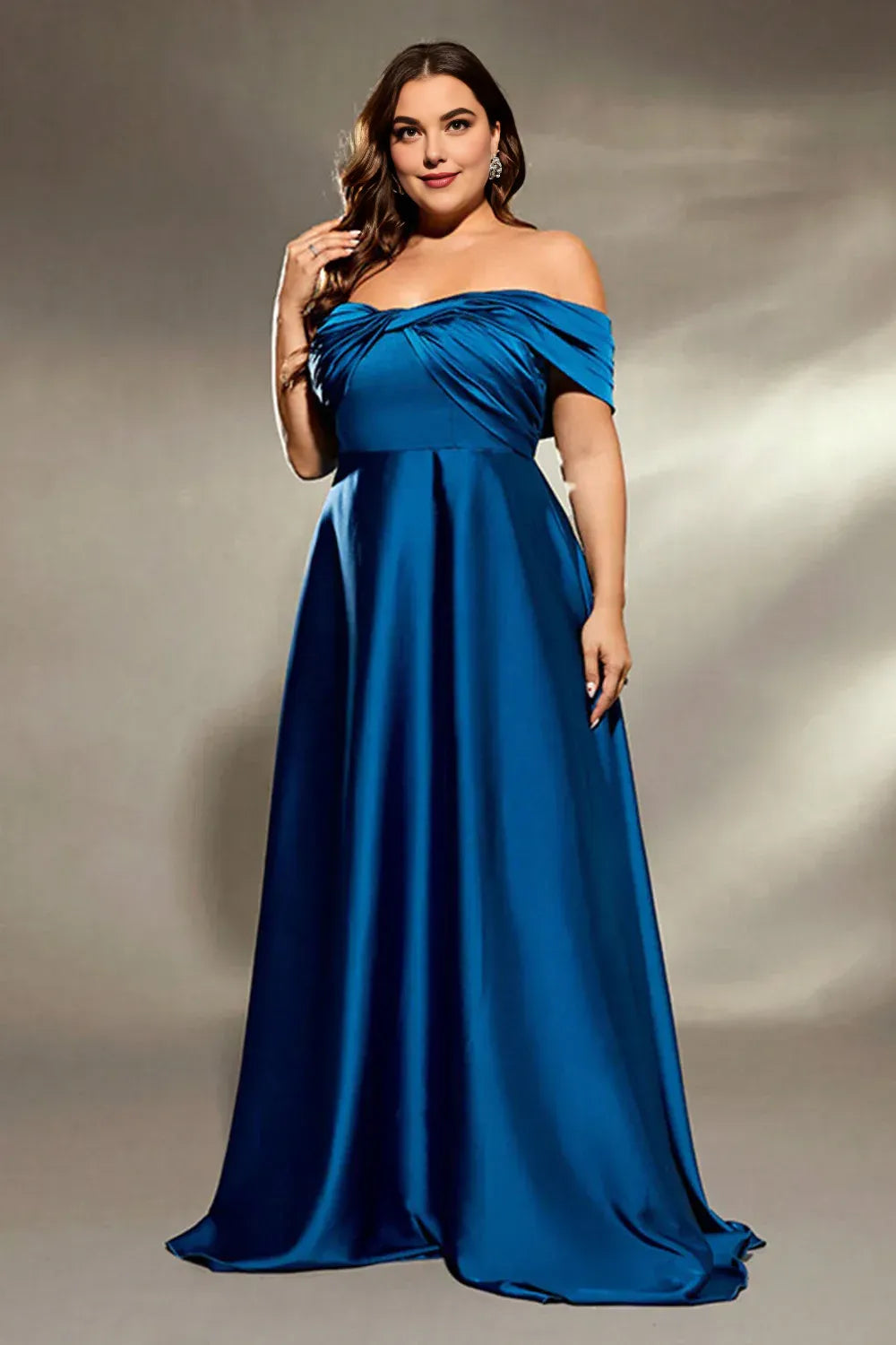A Line Off the Shoulder Pleated Sweep Train Plus Size Mother of the Bride Dress