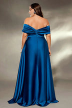 A Line Off the Shoulder Pleated Sweep Train Plus Size Mother of the Bride Dress