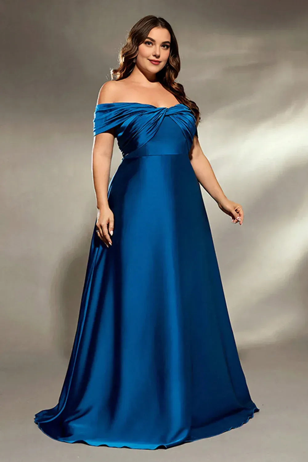 A Line Off the Shoulder Pleated Sweep Train Plus Size Mother of the Bride Dress