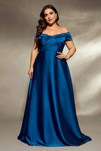 A Line Off the Shoulder Pleated Sweep Train Plus Size Mother of the Bride Dress