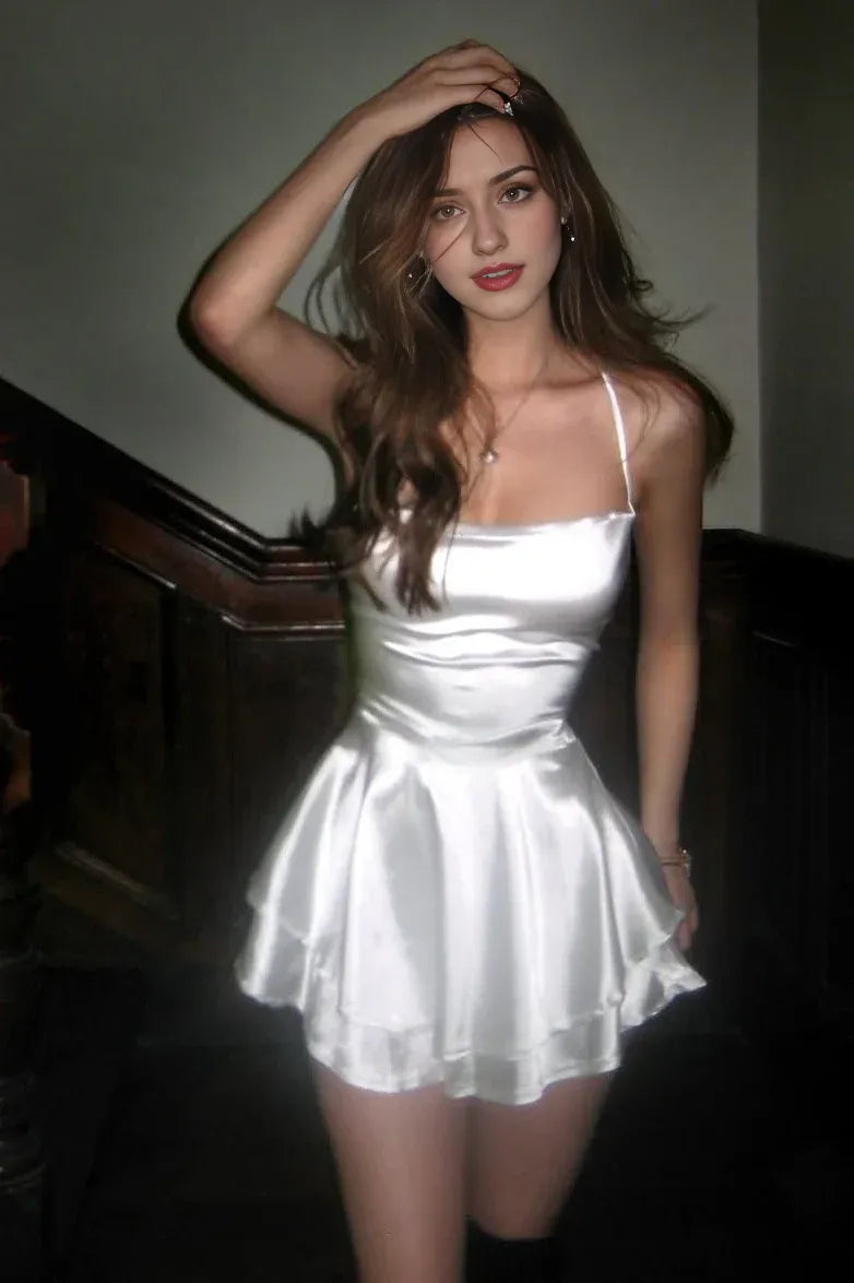 A Line/Princess Spaghetti Straps Sleeveless Criss Cross Back Short-Mini Homecoming Dress
