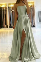 Simple A Line Sage Green Long Prom Dress With Slit Evening Party Dress